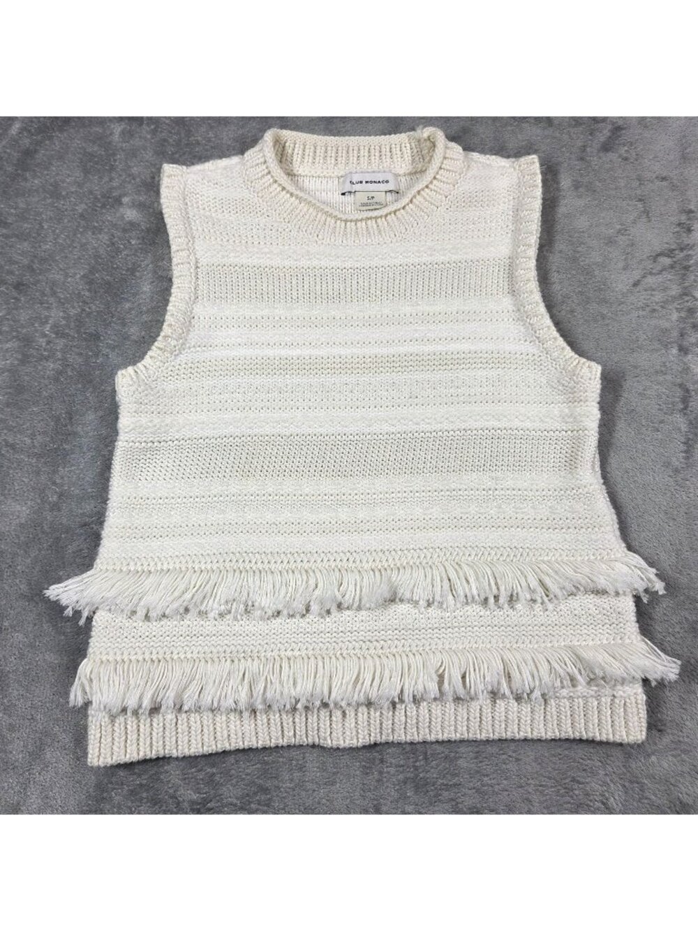 Club Monaco Top Womens Small Cream Sweater Knit Fringe Boho Beachy Coastal Tank